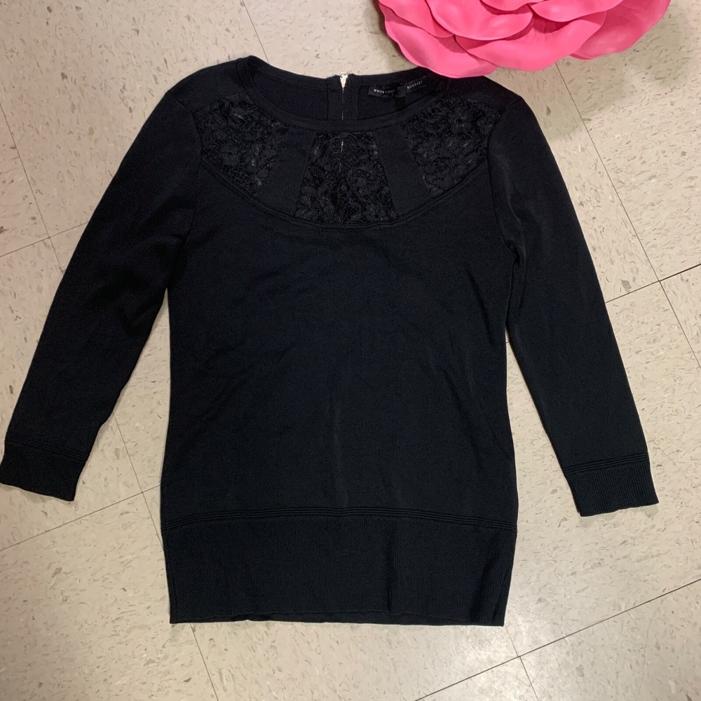 WHBM WHITE HOUSE BLACK MARKET Women's Size M‎ Black Stretch Lace Trim Knit Top